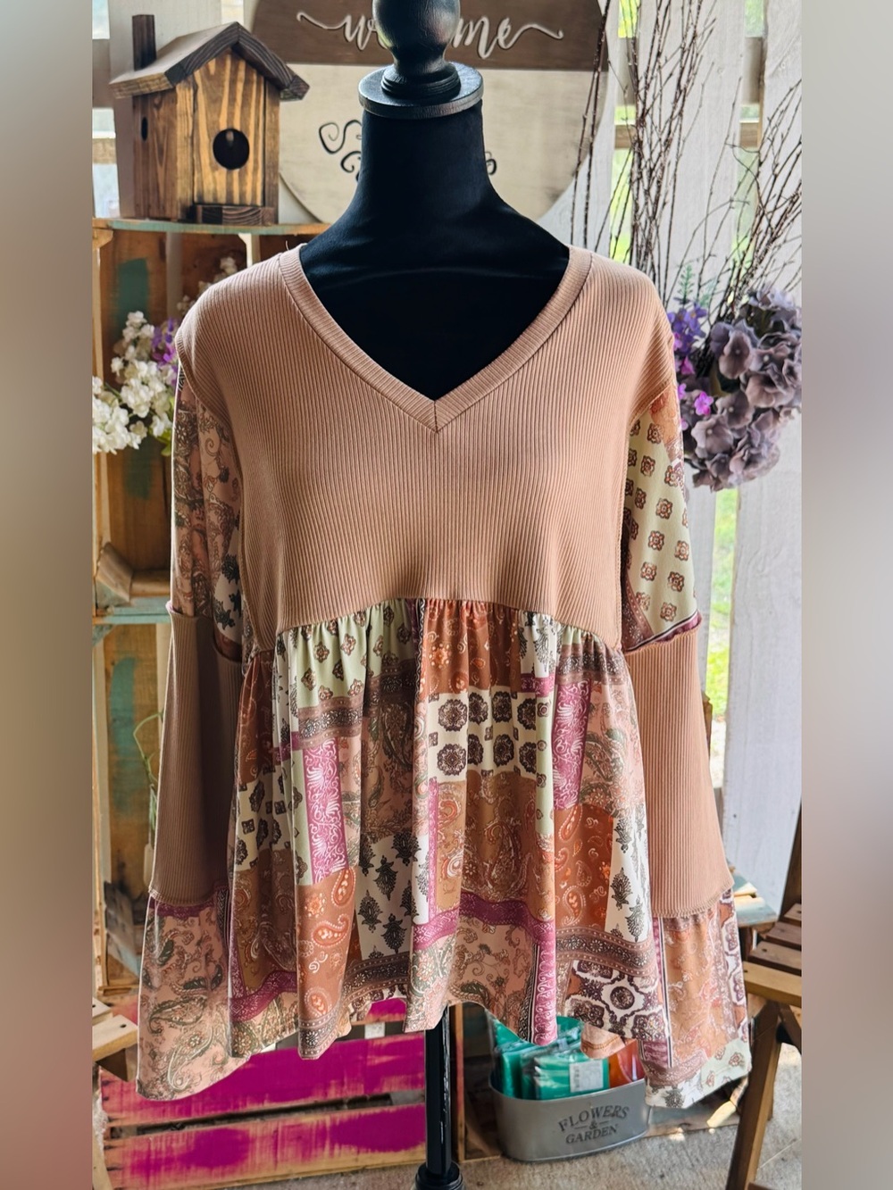 Boho Patchwork V-Neck Women's Top in Dusty Rose and Beige - Haptics